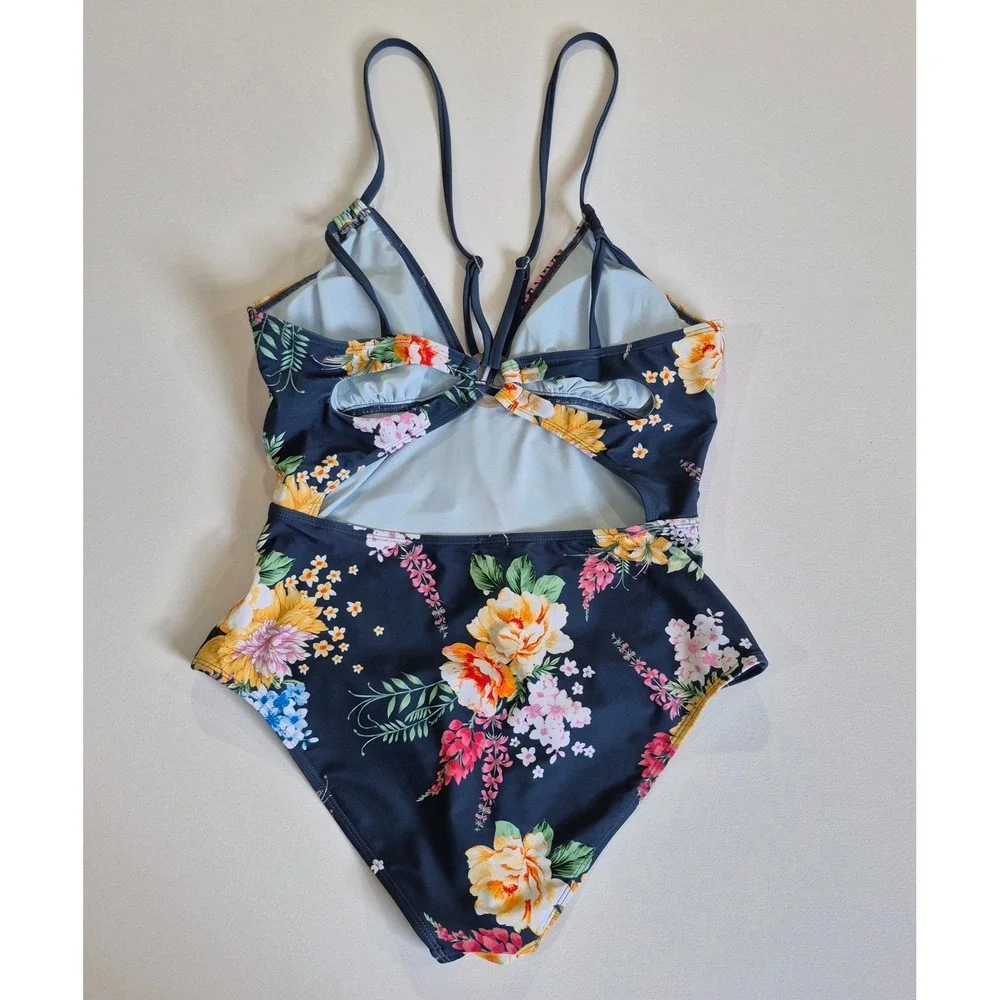 Cupshe Womens‎ Navy Floral Ruched V-Neck One Piece Swimsuit Cutout Back Size XL